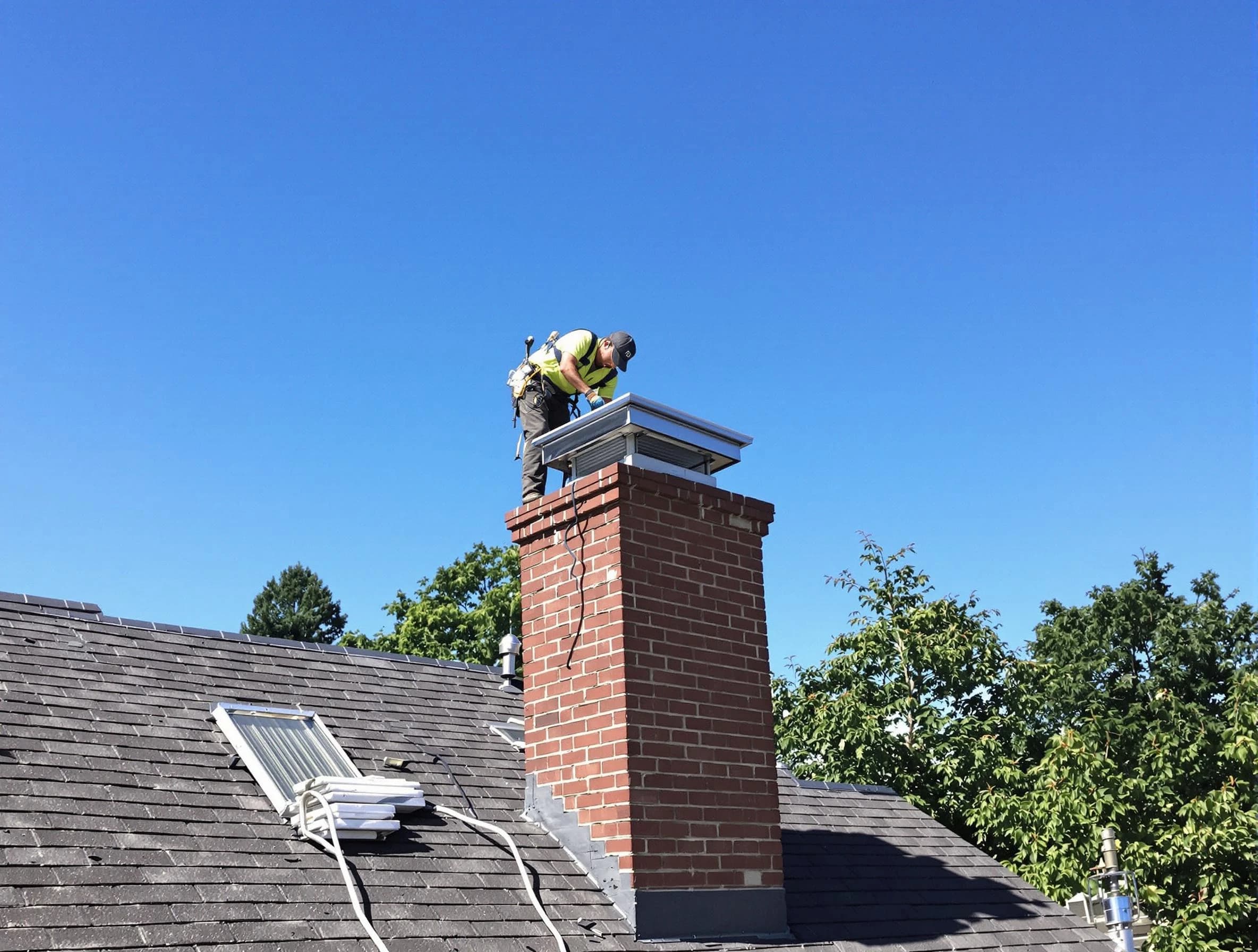 Bridgewater Chimney Sweep technician measuring a chimney cap in Bridgewater, NJ